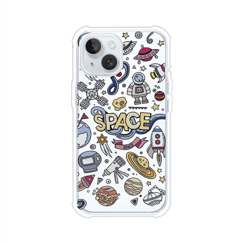 Funda para iPhone con diseño espacial, incluye ilustraciones de planetas, cohetes, astronautas y estrellas en estilo doodle divertido. Producto de Remark Mx