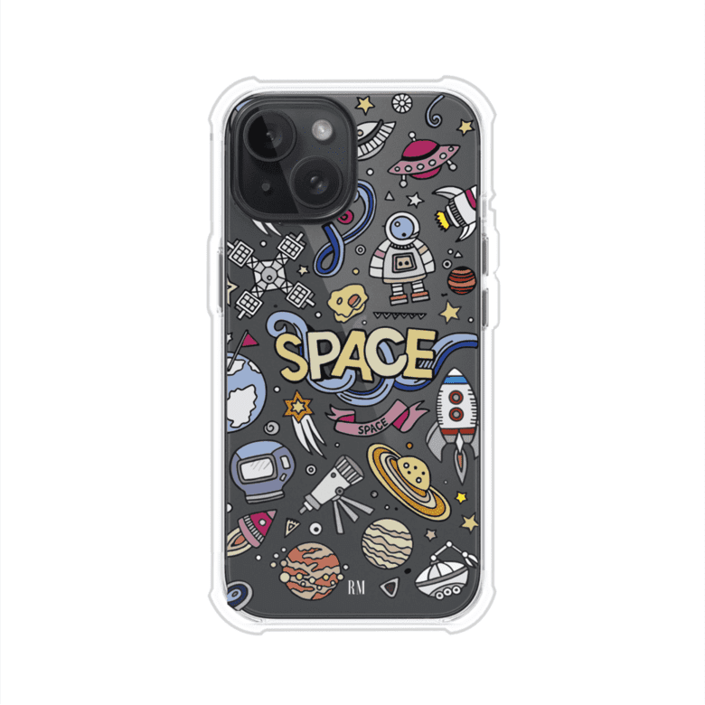 Funda para iPhone con diseño espacial, incluye ilustraciones de planetas, cohetes, astronautas y estrellas en estilo doodle divertido. Producto de Remark Mx