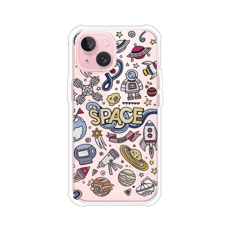 Funda para iPhone con diseño espacial, incluye ilustraciones de planetas, cohetes, astronautas y estrellas en estilo doodle divertido. Producto de Remark Mx