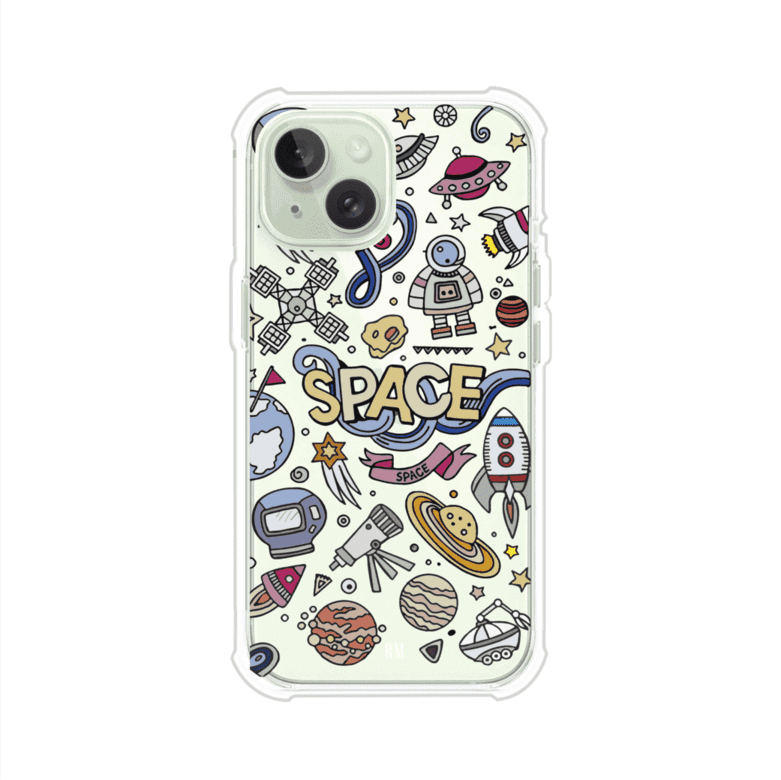Funda para iPhone con diseño espacial, incluye ilustraciones de planetas, cohetes, astronautas y estrellas en estilo doodle divertido. Producto de Remark Mx