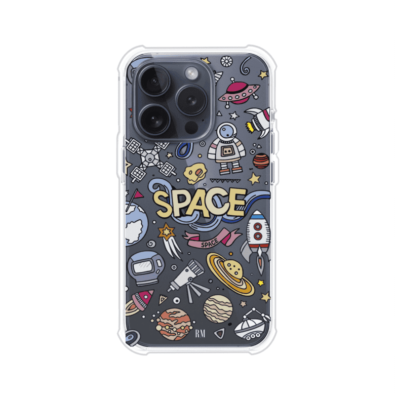Funda para iPhone con diseño espacial, incluye ilustraciones de planetas, cohetes, astronautas y estrellas en estilo doodle divertido. Producto de Remark Mx