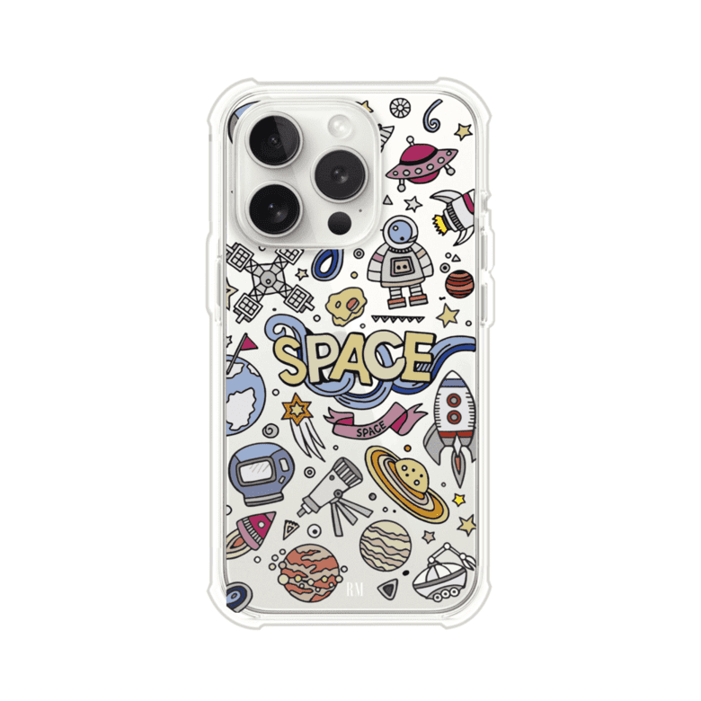 Funda para iPhone con diseño espacial, incluye ilustraciones de planetas, cohetes, astronautas y estrellas en estilo doodle divertido. Producto de Remark Mx