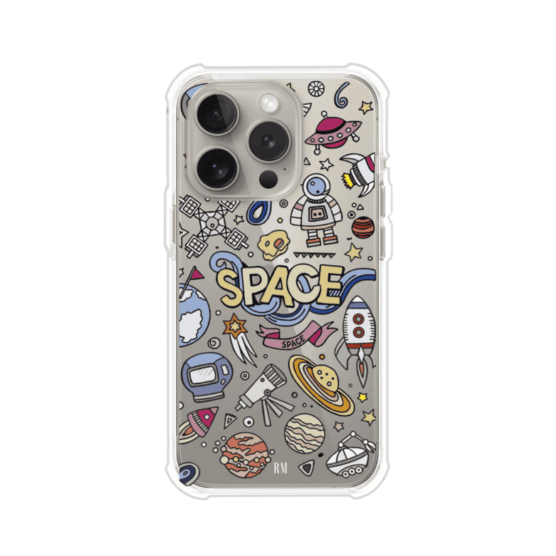 Funda para iPhone con diseño espacial, incluye ilustraciones de planetas, cohetes, astronautas y estrellas en estilo doodle divertido. Producto de Remark Mx