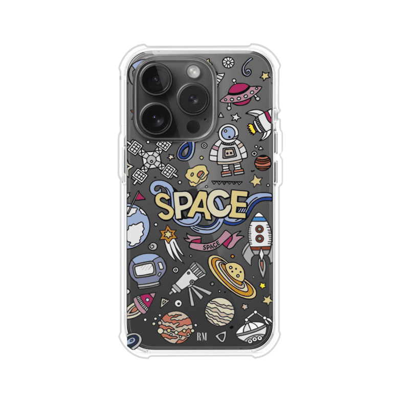 Funda para iPhone con diseño espacial, incluye ilustraciones de planetas, cohetes, astronautas y estrellas en estilo doodle divertido. Producto de Remark Mx