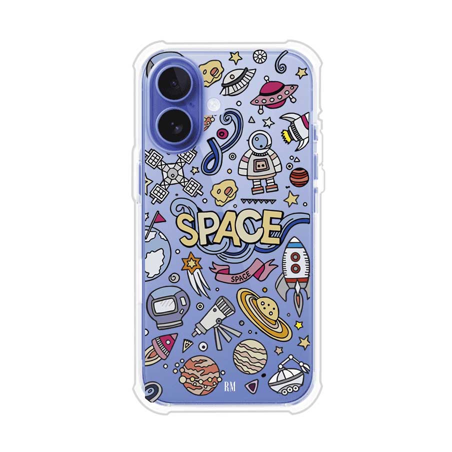 Funda para iPhone con diseño espacial, incluye ilustraciones de planetas, cohetes, astronautas y estrellas en estilo doodle divertido. Producto de Remark Mx