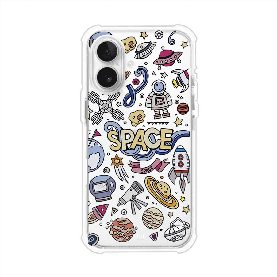 Funda para iPhone con diseño espacial, incluye ilustraciones de planetas, cohetes, astronautas y estrellas en estilo doodle divertido. Producto de Remark Mx