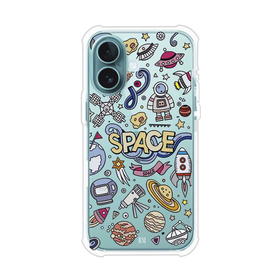 Funda para iPhone con diseño espacial, incluye ilustraciones de planetas, cohetes, astronautas y estrellas en estilo doodle divertido. Producto de Remark Mx
