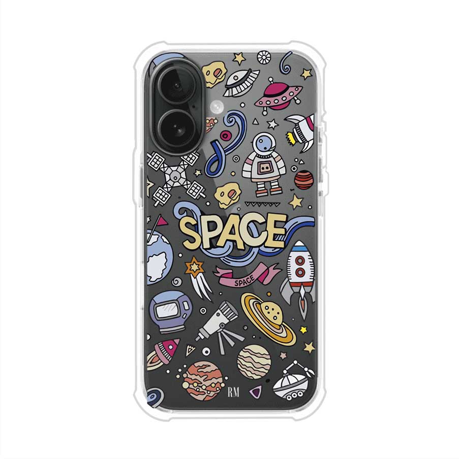 Funda para iPhone con diseño espacial, incluye ilustraciones de planetas, cohetes, astronautas y estrellas en estilo doodle divertido. Producto de Remark Mx