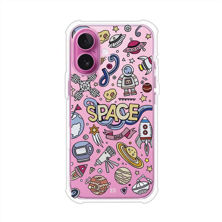Funda para iPhone con diseño espacial, incluye ilustraciones de planetas, cohetes, astronautas y estrellas en estilo doodle divertido. Producto de Remark Mx