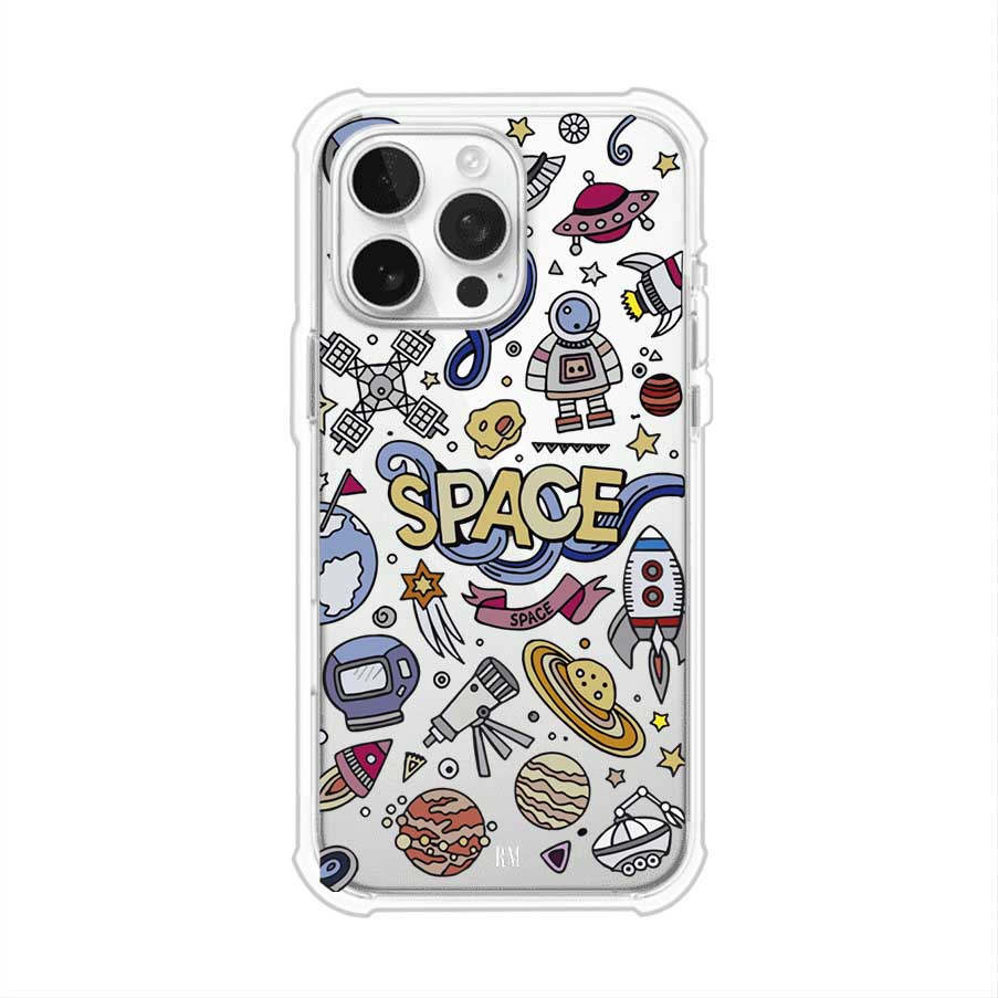 Funda para iPhone con diseño espacial, incluye ilustraciones de planetas, cohetes, astronautas y estrellas en estilo doodle divertido. Producto de Remark Mx