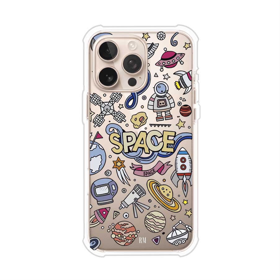 Funda para iPhone con diseño espacial, incluye ilustraciones de planetas, cohetes, astronautas y estrellas en estilo doodle divertido. Producto de Remark Mx