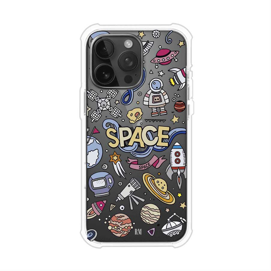 Funda para iPhone con diseño espacial, incluye ilustraciones de planetas, cohetes, astronautas y estrellas en estilo doodle divertido. Producto de Remark Mx