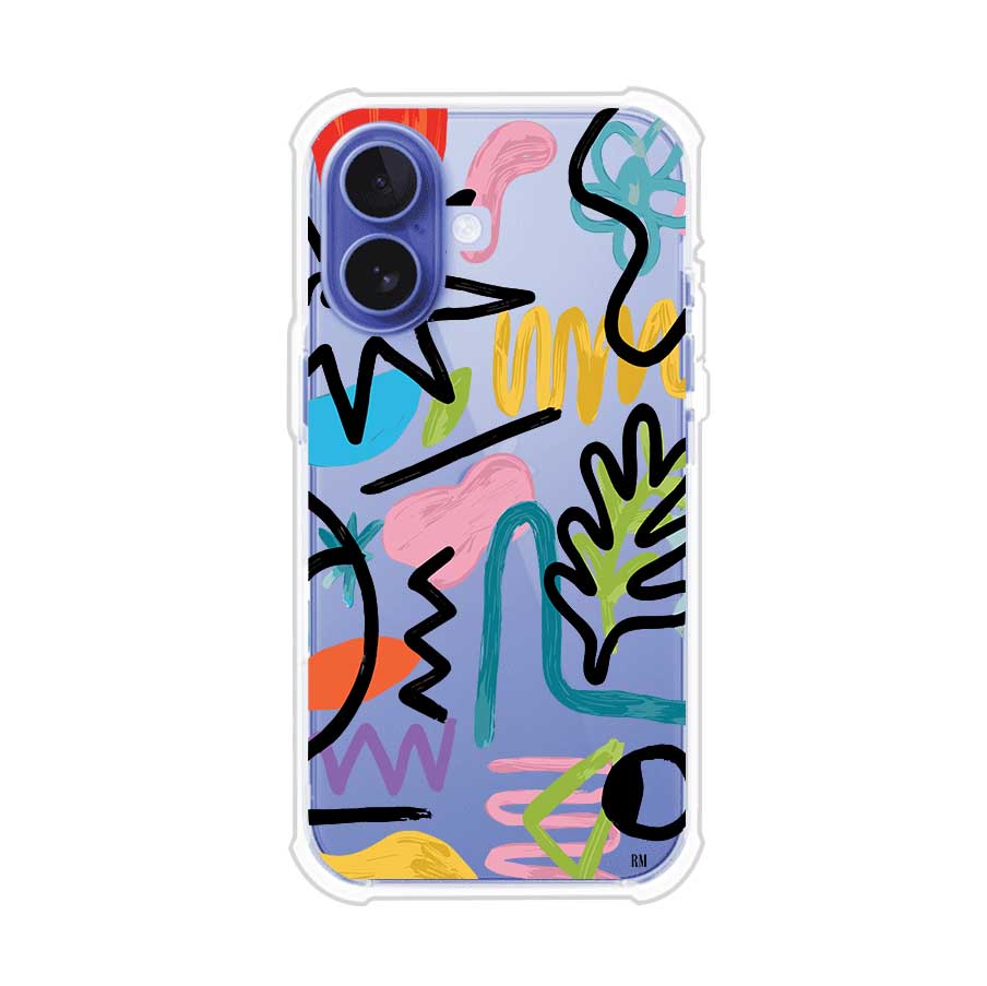 Funda con diseño de garabatos abstractos en colores vivos para iPhone. Estilo moderno y artístico. Producto de Remark Mx