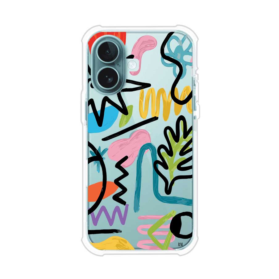 Funda con diseño de garabatos abstractos en colores vivos para iPhone. Estilo moderno y artístico. Producto de Remark Mx