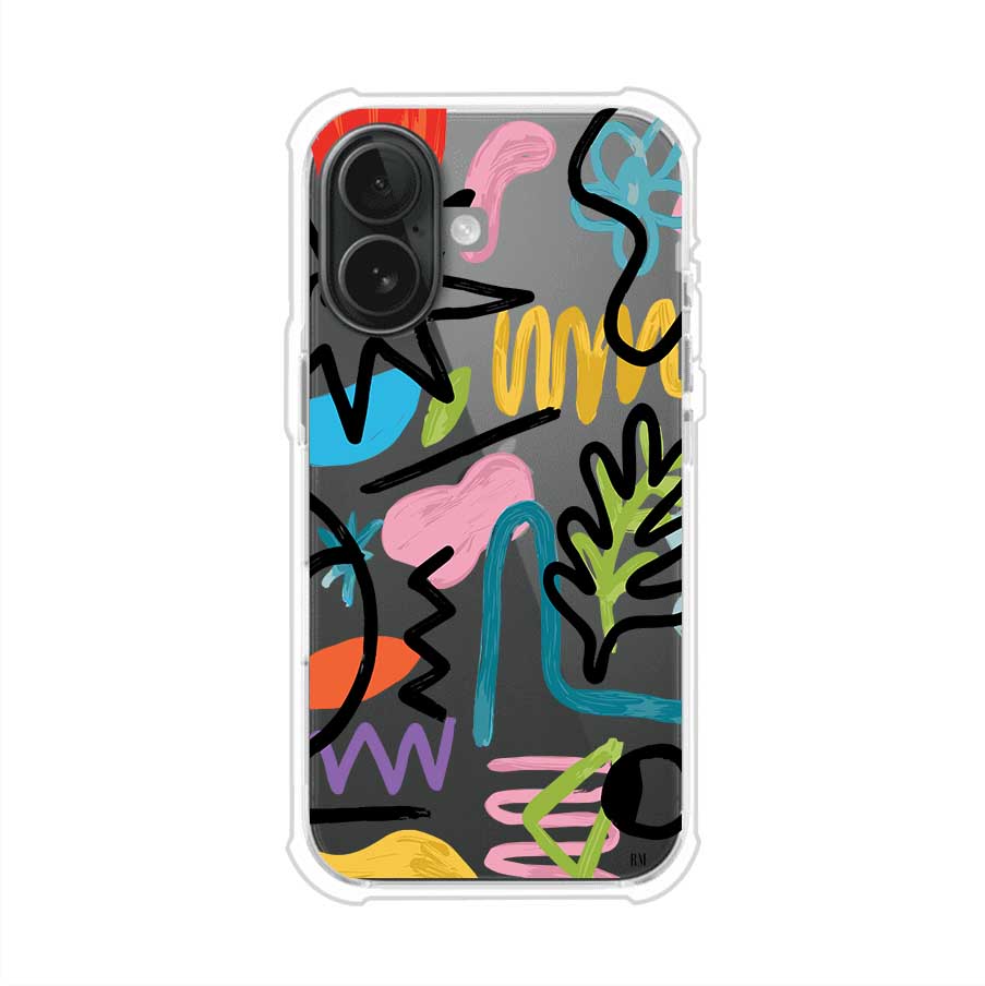 Funda con diseño de garabatos abstractos en colores vivos para iPhone. Estilo moderno y artístico. Producto de Remark Mx