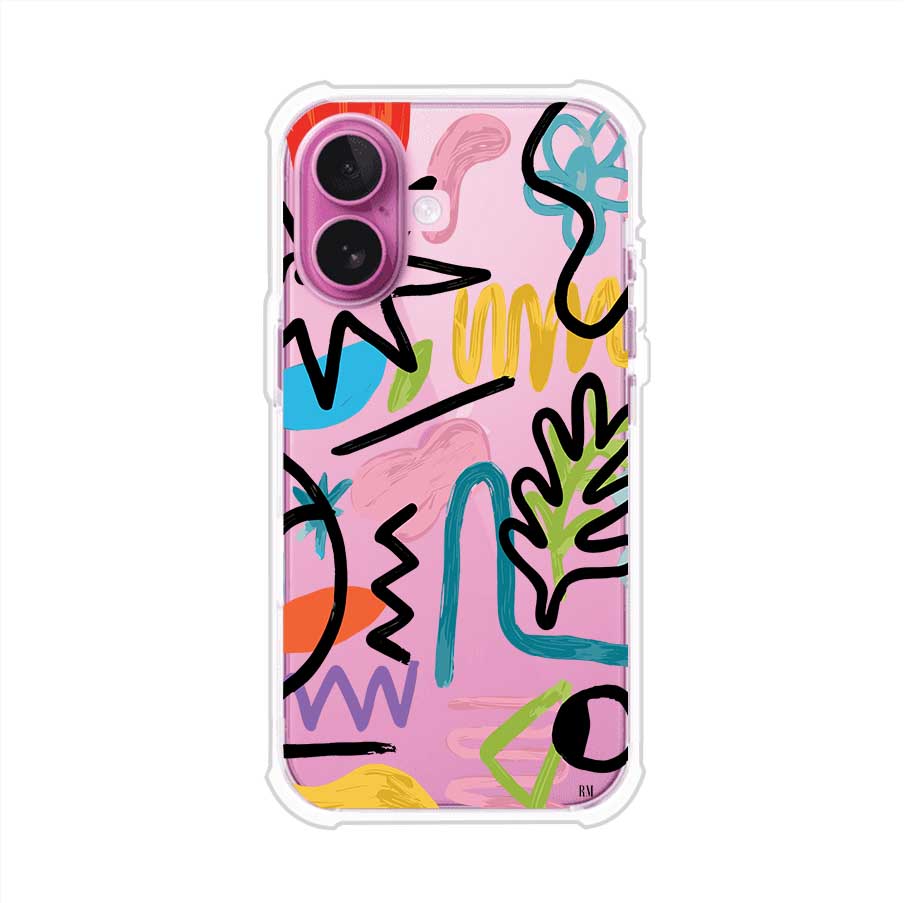 Funda con diseño de garabatos abstractos en colores vivos para iPhone. Estilo moderno y artístico. Producto de Remark Mx