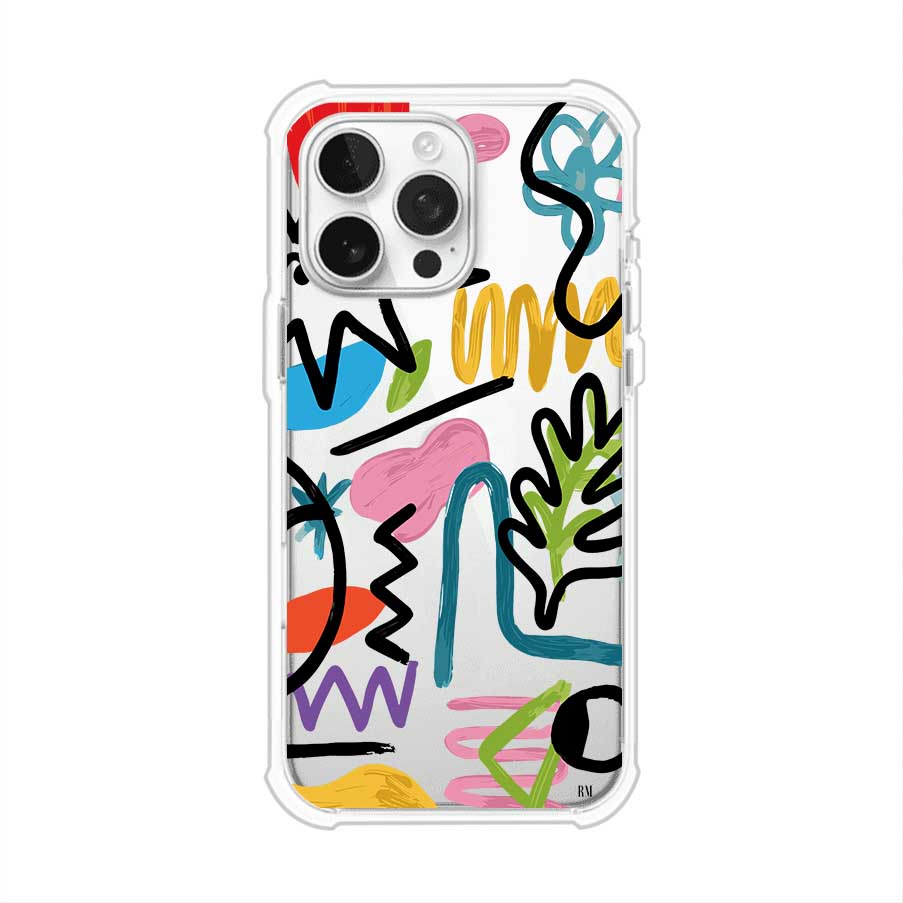 Funda con diseño de garabatos abstractos en colores vivos para iPhone. Estilo moderno y artístico. Producto de Remark Mx