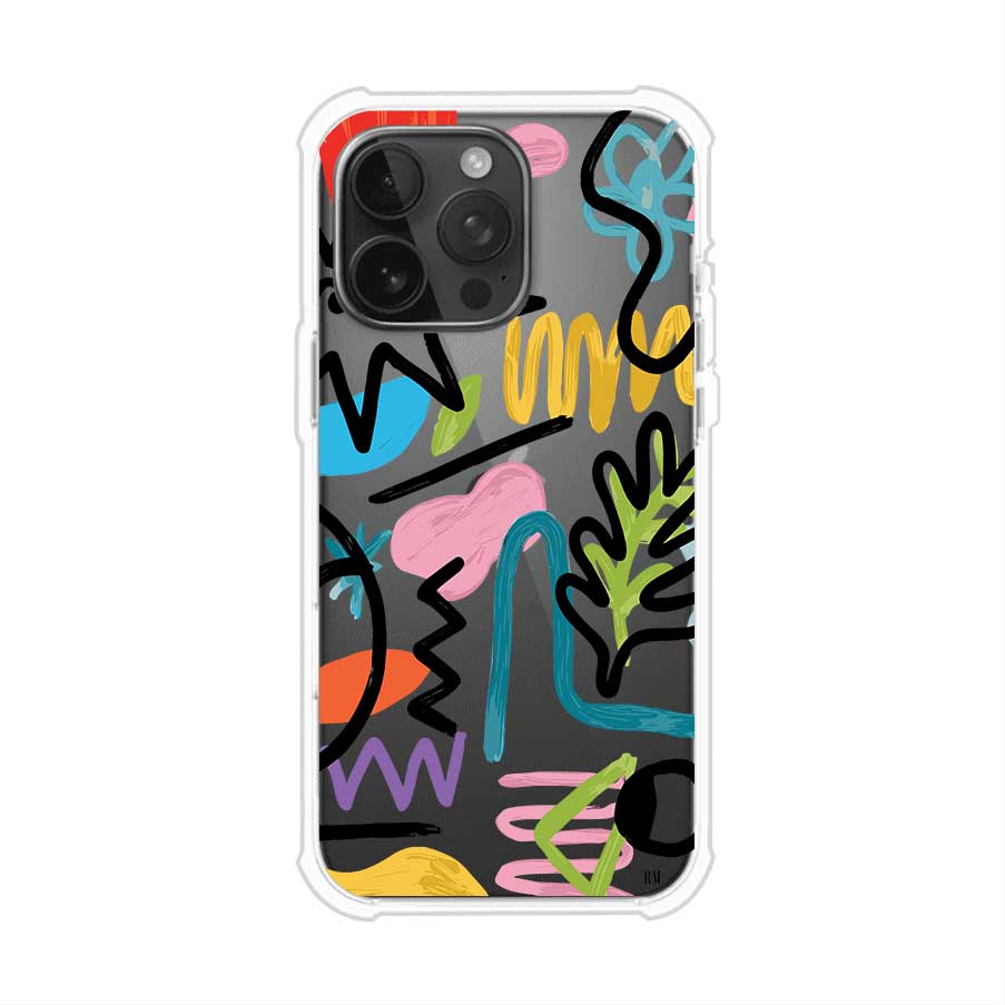 Funda con diseño de garabatos abstractos en colores vivos para iPhone. Estilo moderno y artístico. Producto de Remark Mx