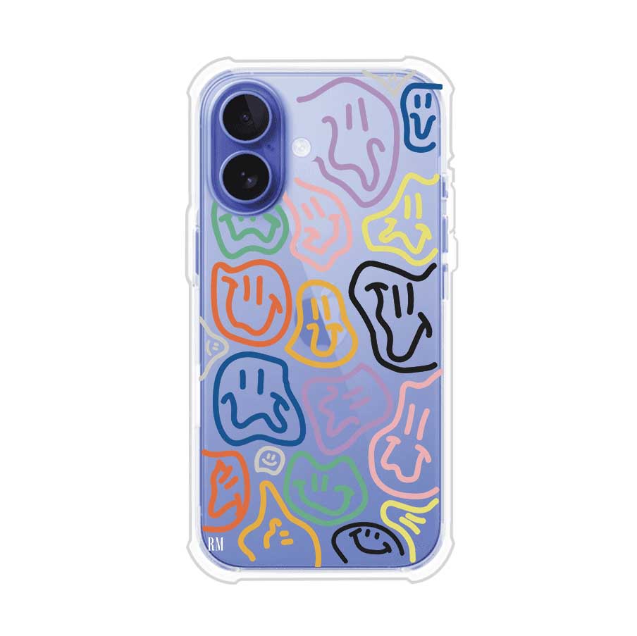 Funda para iPhone con diseño de caritas distorsionadas en colores neón sobre fondo negro. Estilo artístico, divertido y psicodélico. Diseño original de Remark MX