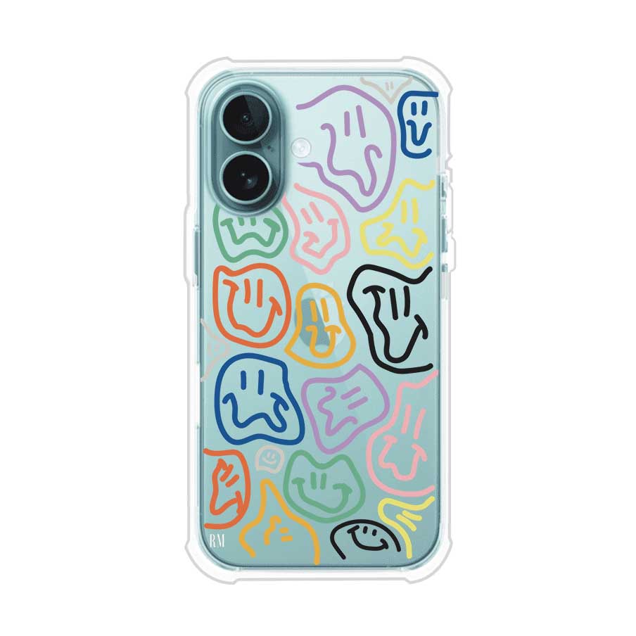 Funda para iPhone con diseño de caritas distorsionadas en colores neón sobre fondo negro. Estilo artístico, divertido y psicodélico. Diseño original de Remark MX