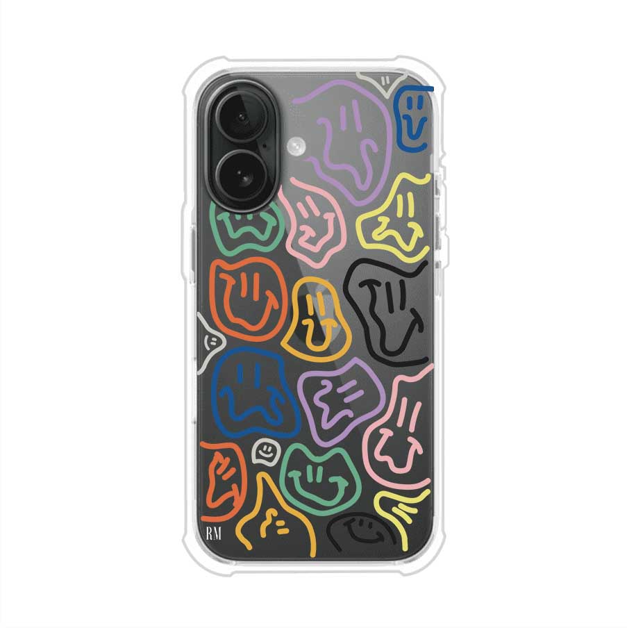 Funda para iPhone con diseño de caritas distorsionadas en colores neón sobre fondo negro. Estilo artístico, divertido y psicodélico. Diseño original de Remark MX