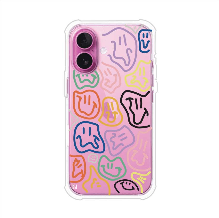 Funda para iPhone con diseño de caritas distorsionadas en colores neón sobre fondo negro. Estilo artístico, divertido y psicodélico. Diseño original de Remark MX