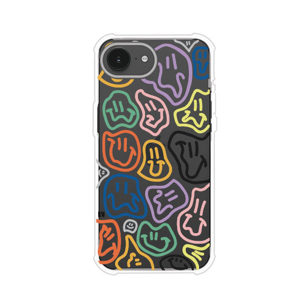 Funda para iPhone con diseño de caritas distorsionadas en colores neón sobre fondo negro. Estilo artístico, divertido y psicodélico. Diseño original de Remark MX