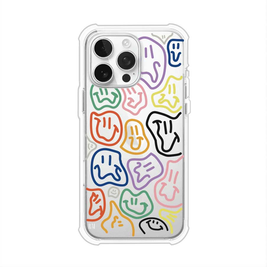 Funda para iPhone con diseño de caritas distorsionadas en colores neón sobre fondo negro. Estilo artístico, divertido y psicodélico. Diseño original de Remark MX