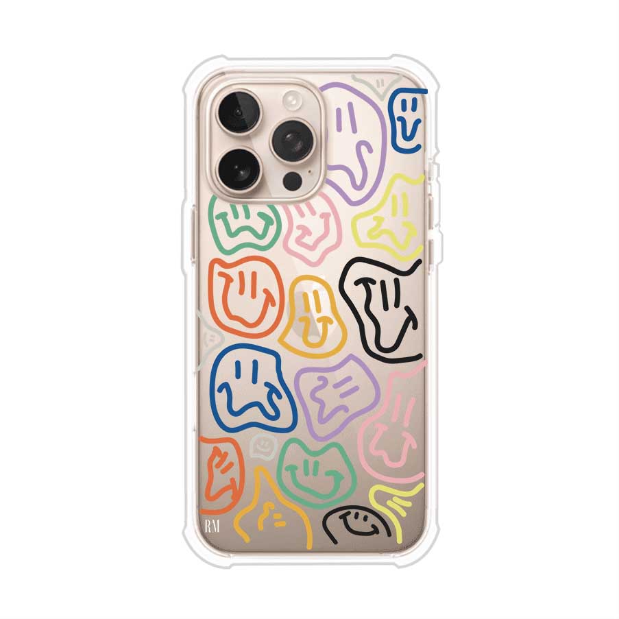 Funda para iPhone con diseño de caritas distorsionadas en colores neón sobre fondo negro. Estilo artístico, divertido y psicodélico. Diseño original de Remark MX