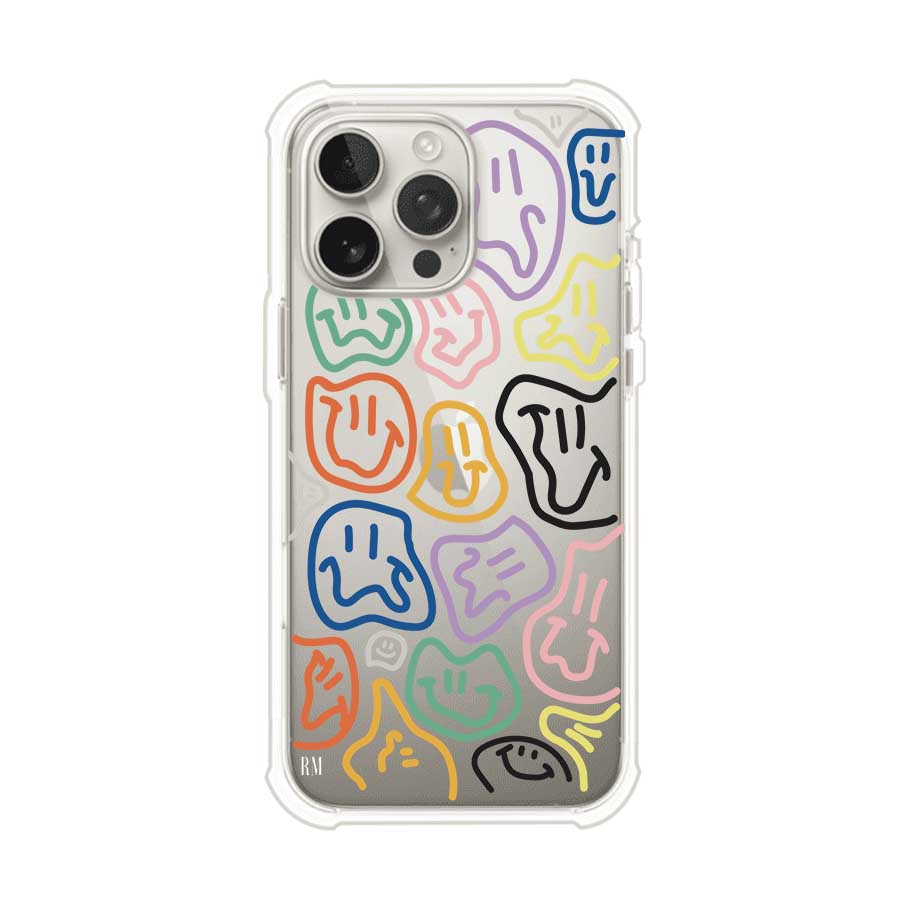 Funda para iPhone con diseño de caritas distorsionadas en colores neón sobre fondo negro. Estilo artístico, divertido y psicodélico. Diseño original de Remark MX