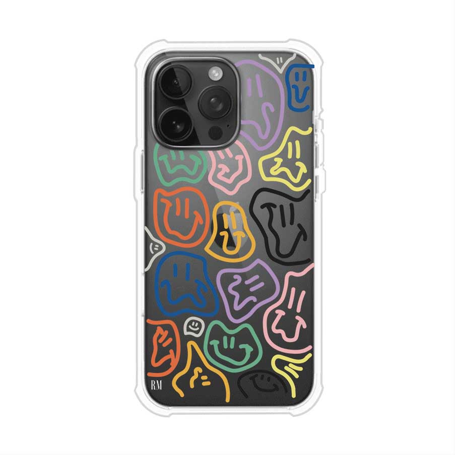 Funda para iPhone con diseño de caritas distorsionadas en colores neón sobre fondo negro. Estilo artístico, divertido y psicodélico. Diseño original de Remark MX