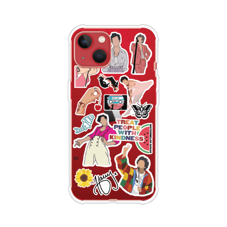 Funda para iPhone con diseño de stickers inspirados en Harry Styles. Incluye frases como "Treat People With Kindness", dibujos de outfits icónicos, girasoles, y elementos retro sobre base transparente. Ideal para fans. Producto de Remark Mx