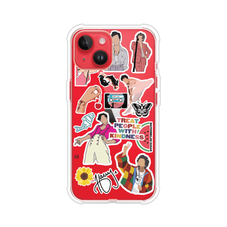 Funda para iPhone con diseño de stickers inspirados en Harry Styles. Incluye frases como "Treat People With Kindness", dibujos de outfits icónicos, girasoles, y elementos retro sobre base transparente. Ideal para fans. Producto de Remark Mx