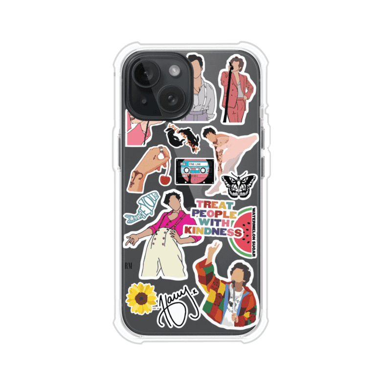 Funda para iPhone con diseño de stickers inspirados en Harry Styles. Incluye frases como "Treat People With Kindness", dibujos de outfits icónicos, girasoles, y elementos retro sobre base transparente. Ideal para fans. Producto de Remark Mx