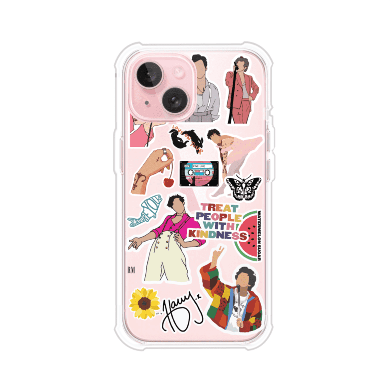 Funda para iPhone con diseño de stickers inspirados en Harry Styles. Incluye frases como "Treat People With Kindness", dibujos de outfits icónicos, girasoles, y elementos retro sobre base transparente. Ideal para fans. Producto de Remark Mx