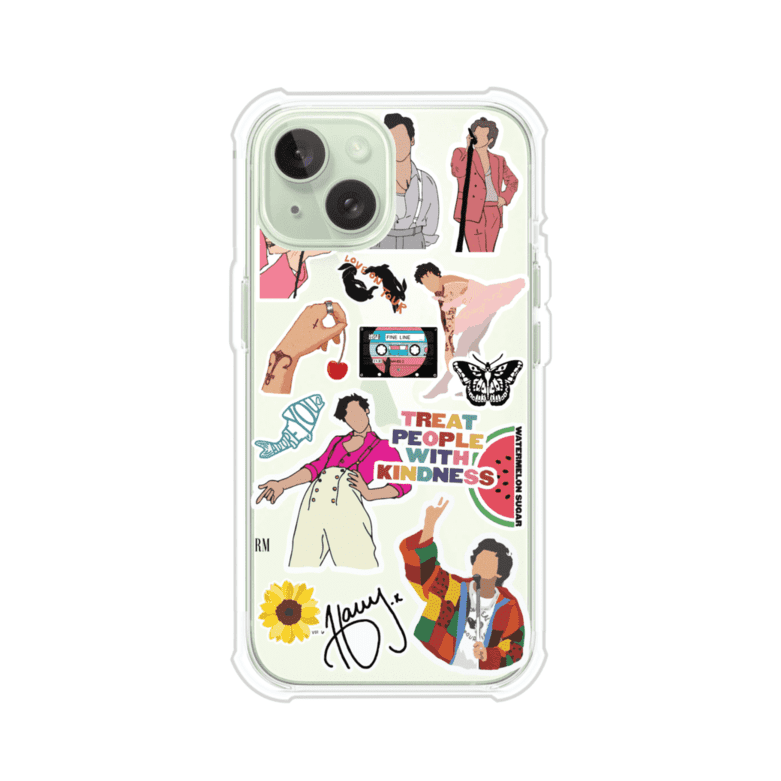 Funda para iPhone con diseño de stickers inspirados en Harry Styles. Incluye frases como "Treat People With Kindness", dibujos de outfits icónicos, girasoles, y elementos retro sobre base transparente. Ideal para fans. Producto de Remark Mx