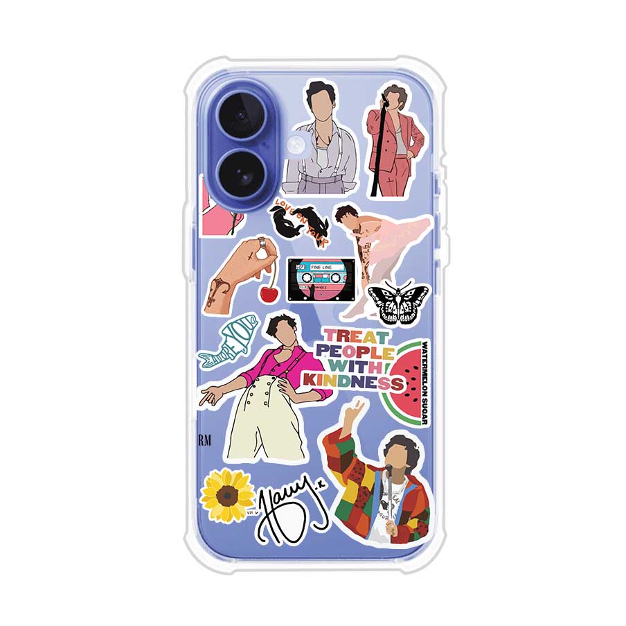 Funda para iPhone con diseño de stickers inspirados en Harry Styles. Incluye frases como "Treat People With Kindness", dibujos de outfits icónicos, girasoles, y elementos retro sobre base transparente. Ideal para fans. Producto de Remark Mx