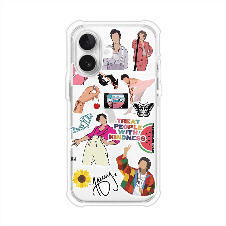 Funda para iPhone con diseño de stickers inspirados en Harry Styles. Incluye frases como "Treat People With Kindness", dibujos de outfits icónicos, girasoles, y elementos retro sobre base transparente. Ideal para fans. Producto de Remark Mx