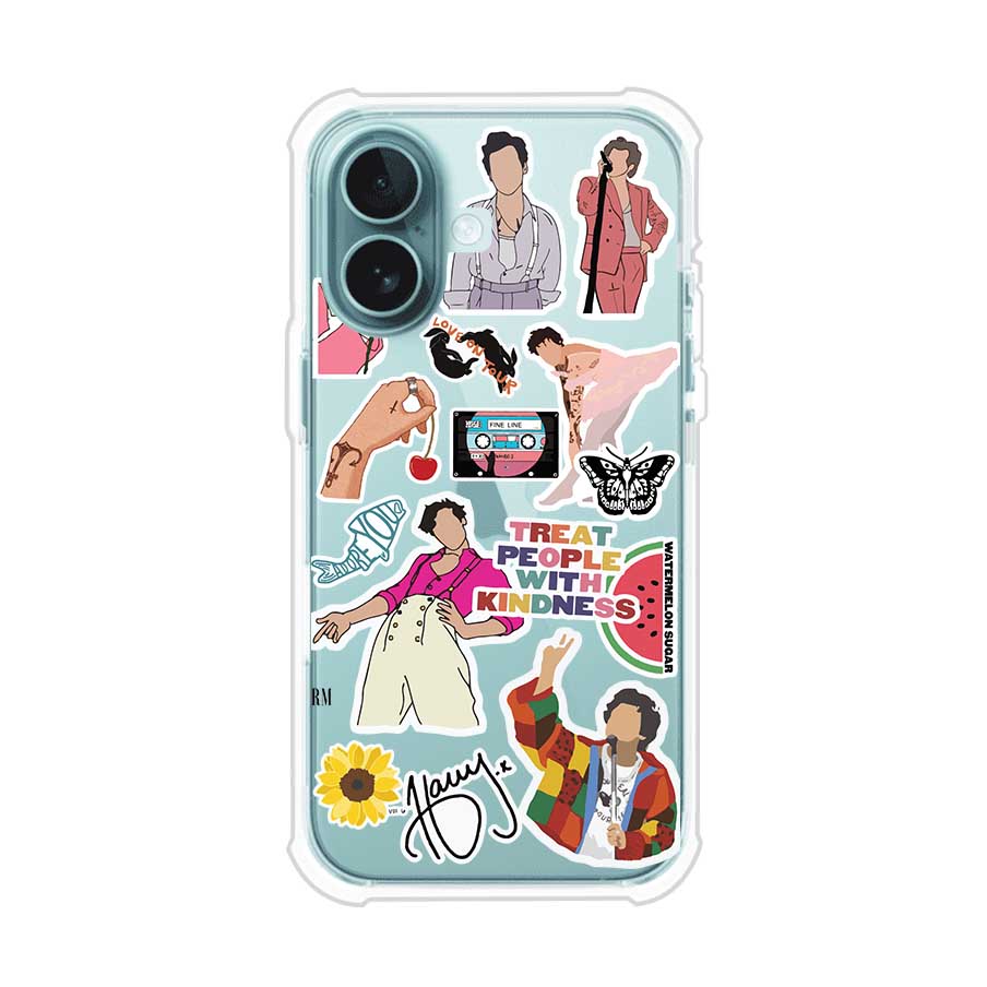 Funda para iPhone con diseño de stickers inspirados en Harry Styles. Incluye frases como "Treat People With Kindness", dibujos de outfits icónicos, girasoles, y elementos retro sobre base transparente. Ideal para fans. Producto de Remark Mx
