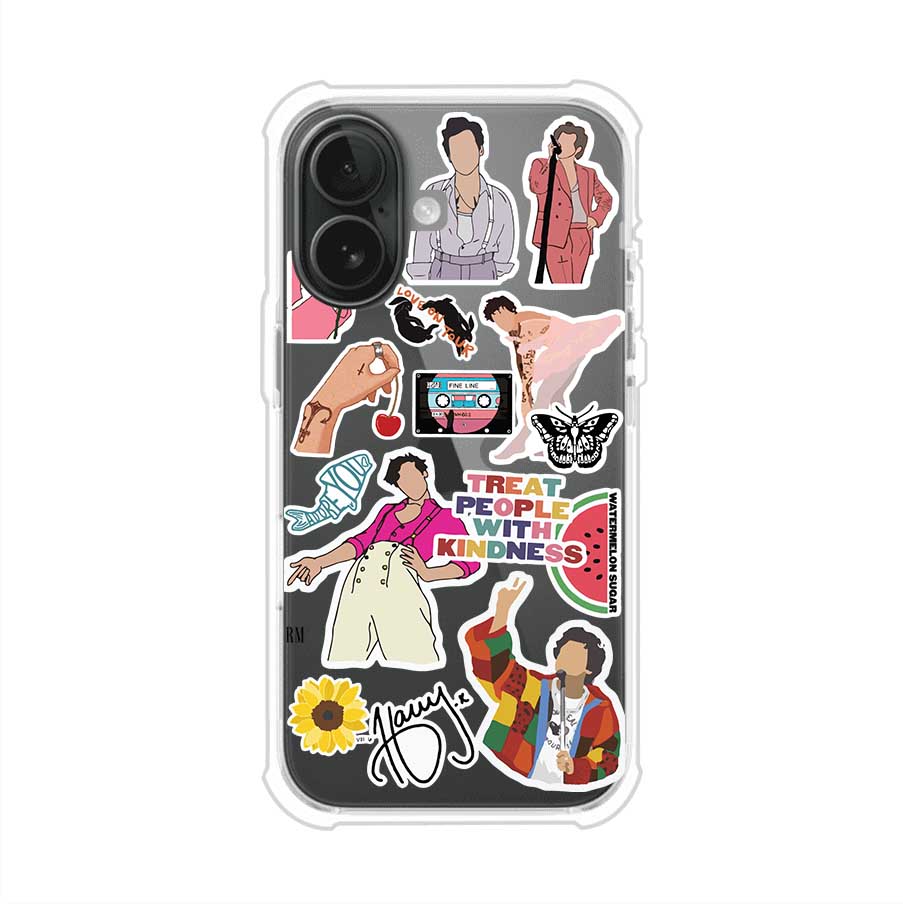 Funda para iPhone con diseño de stickers inspirados en Harry Styles. Incluye frases como "Treat People With Kindness", dibujos de outfits icónicos, girasoles, y elementos retro sobre base transparente. Ideal para fans. Producto de Remark Mx