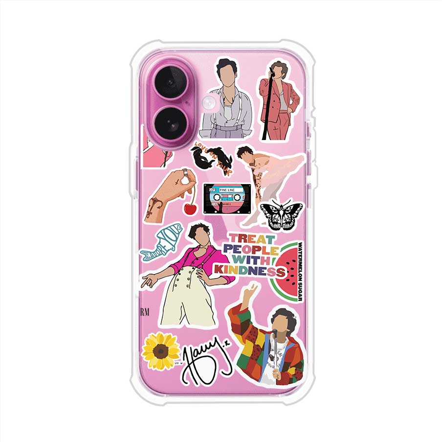 Funda para iPhone con diseño de stickers inspirados en Harry Styles. Incluye frases como "Treat People With Kindness", dibujos de outfits icónicos, girasoles, y elementos retro sobre base transparente. Ideal para fans. Producto de Remark Mx