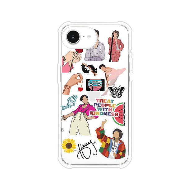 Funda para iPhone con diseño de stickers inspirados en Harry Styles. Incluye frases como "Treat People With Kindness", dibujos de outfits icónicos, girasoles, y elementos retro sobre base transparente. Ideal para fans. Producto de Remark Mx
