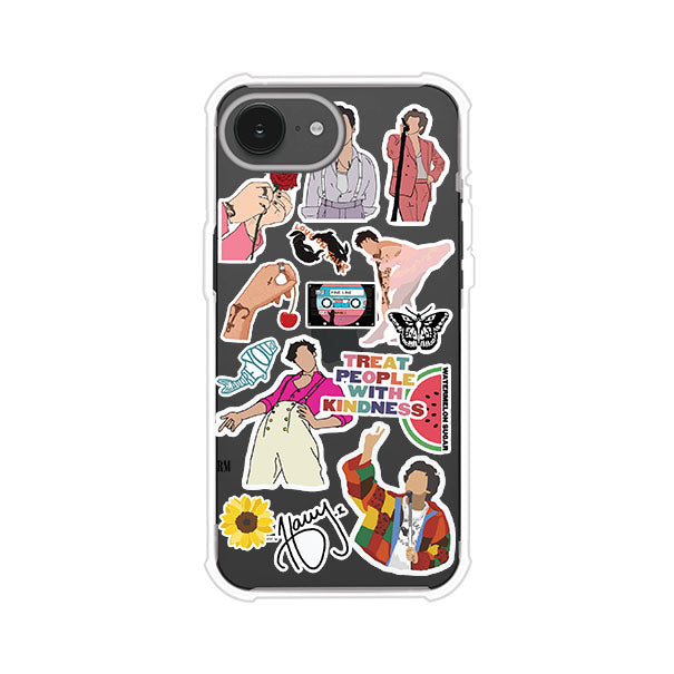 Funda para iPhone con diseño de stickers inspirados en Harry Styles. Incluye frases como "Treat People With Kindness", dibujos de outfits icónicos, girasoles, y elementos retro sobre base transparente. Ideal para fans. Producto de Remark Mx