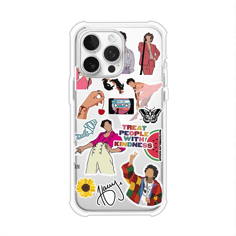 Funda para iPhone con diseño de stickers inspirados en Harry Styles. Incluye frases como "Treat People With Kindness", dibujos de outfits icónicos, girasoles, y elementos retro sobre base transparente. Ideal para fans. Producto de Remark Mx