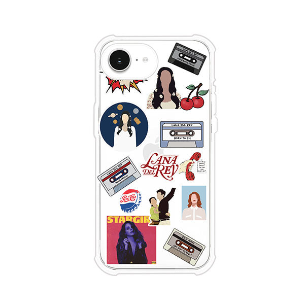 Funda para iPhone con diseño collage de Lana Del Rey en fondo rojo. Incluye stickers de cassettes, cerezas, retratos y frases icónicas. Estilo retro y nostálgico para fans de Lana.