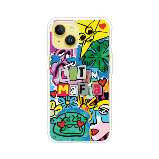 Funda para iPhone con diseño colorido de Latin Mafia, estilo arte pop. Incluye ilustraciones vibrantes, corazones, sol sonriente y tipografía tipo collage. Ideal para fans del grupo y la música urbana. Producto de Remark Mx