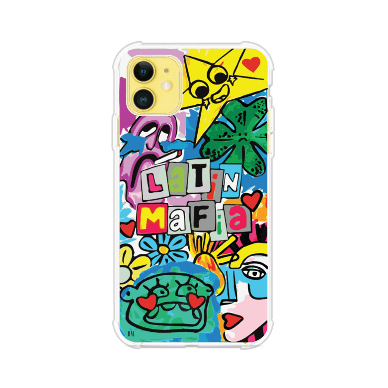 Funda para iPhone con diseño colorido de Latin Mafia, estilo arte pop. Incluye ilustraciones vibrantes, corazones, sol sonriente y tipografía tipo collage. Ideal para fans del grupo y la música urbana. Producto de Remark Mx