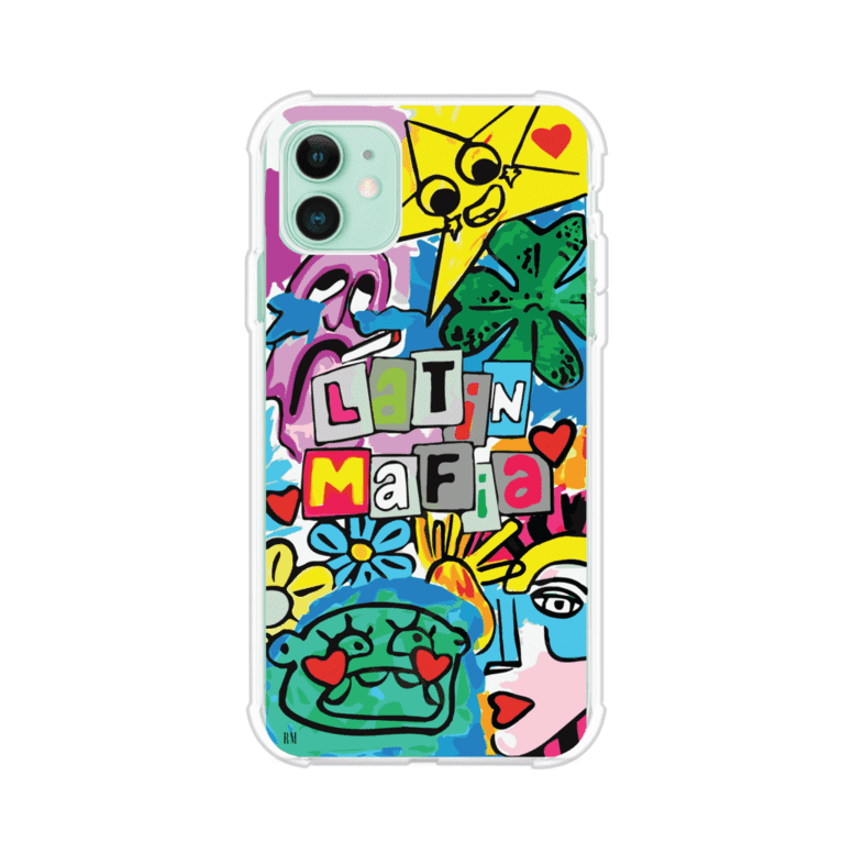 Funda para iPhone con diseño colorido de Latin Mafia, estilo arte pop. Incluye ilustraciones vibrantes, corazones, sol sonriente y tipografía tipo collage. Ideal para fans del grupo y la música urbana. Producto de Remark Mx
