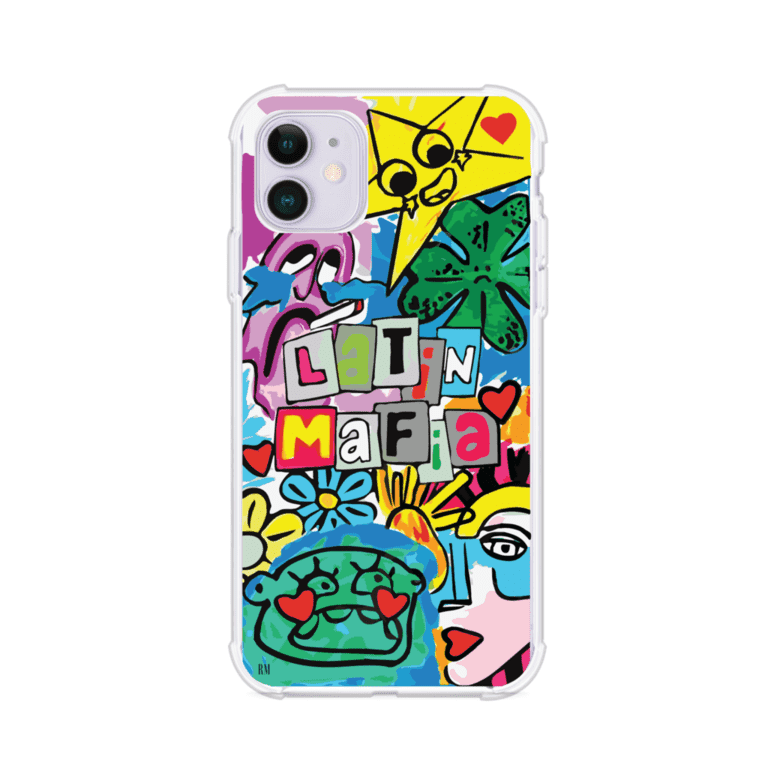 Funda para iPhone con diseño colorido de Latin Mafia, estilo arte pop. Incluye ilustraciones vibrantes, corazones, sol sonriente y tipografía tipo collage. Ideal para fans del grupo y la música urbana. Producto de Remark Mx