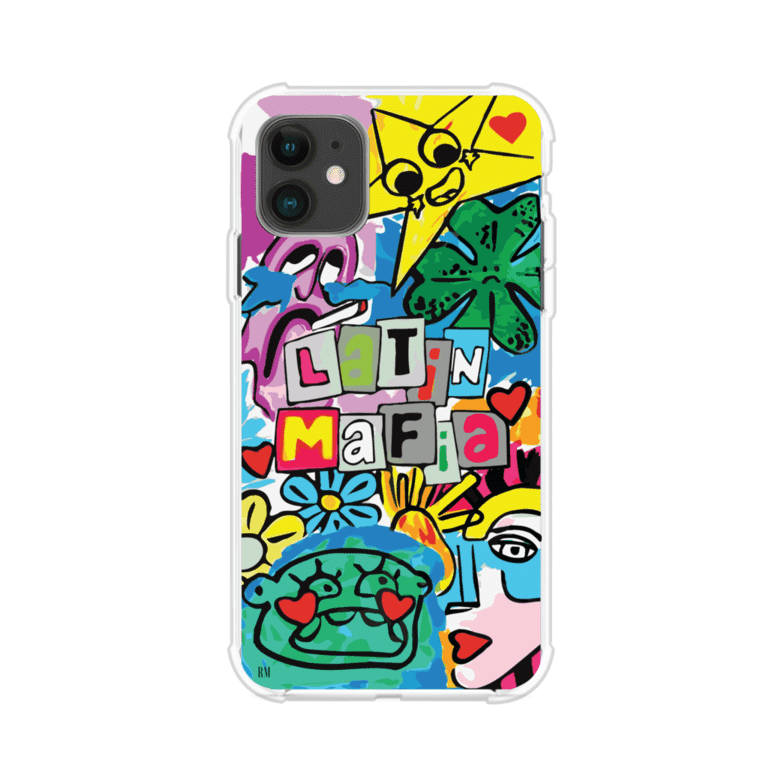 Funda para iPhone con diseño colorido de Latin Mafia, estilo arte pop. Incluye ilustraciones vibrantes, corazones, sol sonriente y tipografía tipo collage. Ideal para fans del grupo y la música urbana. Producto de Remark Mx